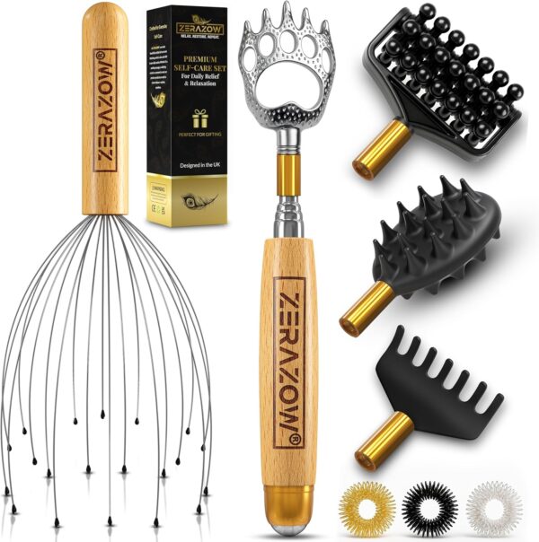 Telescopic Back Scratcher 9 Pcs Set | Back Scratcher Gifts for Men & Women with 4 Detachable Heads | Head & Scalp Massager | Back Massage Tool