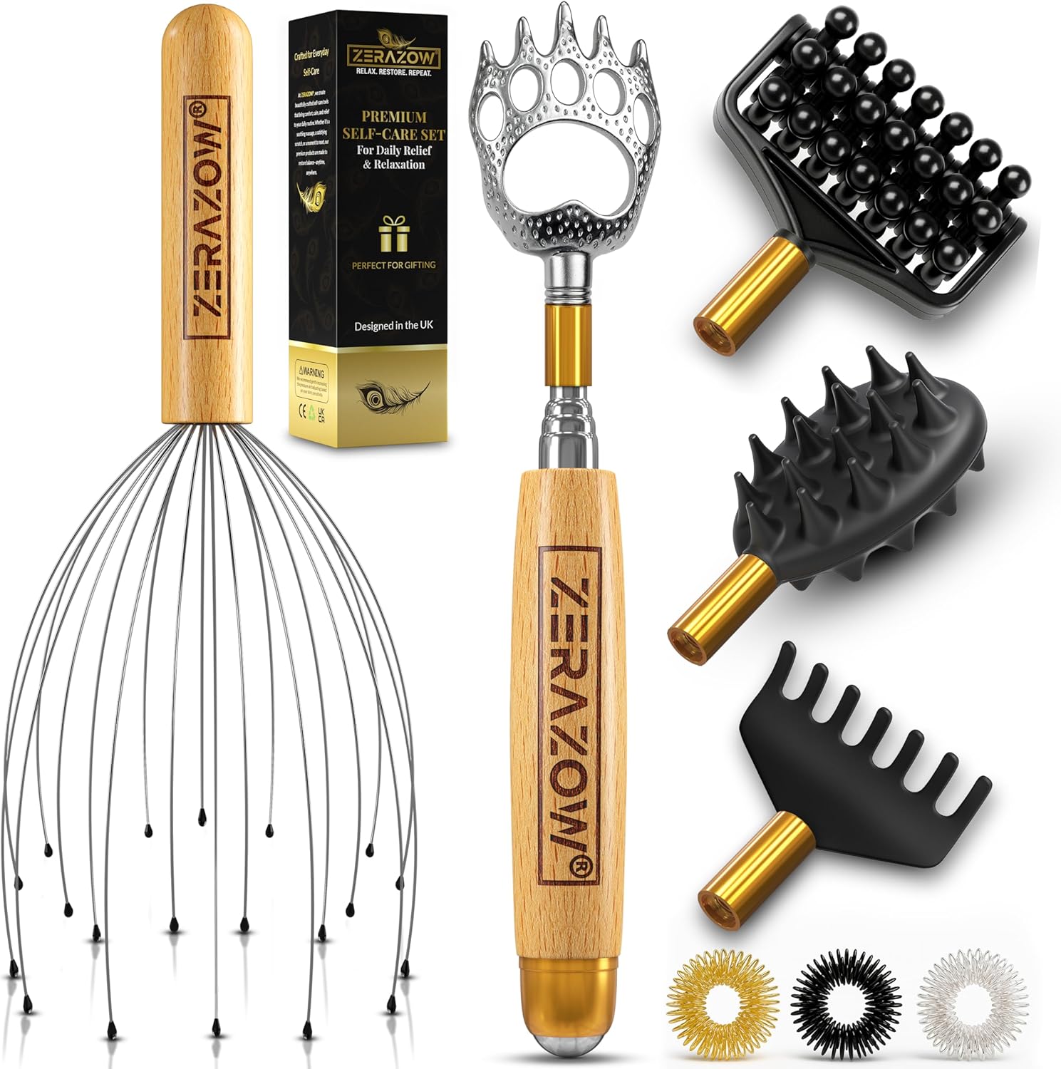 Telescopic Back Scratcher 9 Pcs Set | Back Scratcher Gifts for Men & Women with 4 Detachable Heads | Head & Scalp Massager | Back Massage Tool